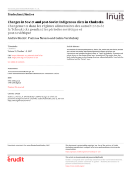 Changes in Soviet and Post-Soviet Indigenous Diets in Chukotka