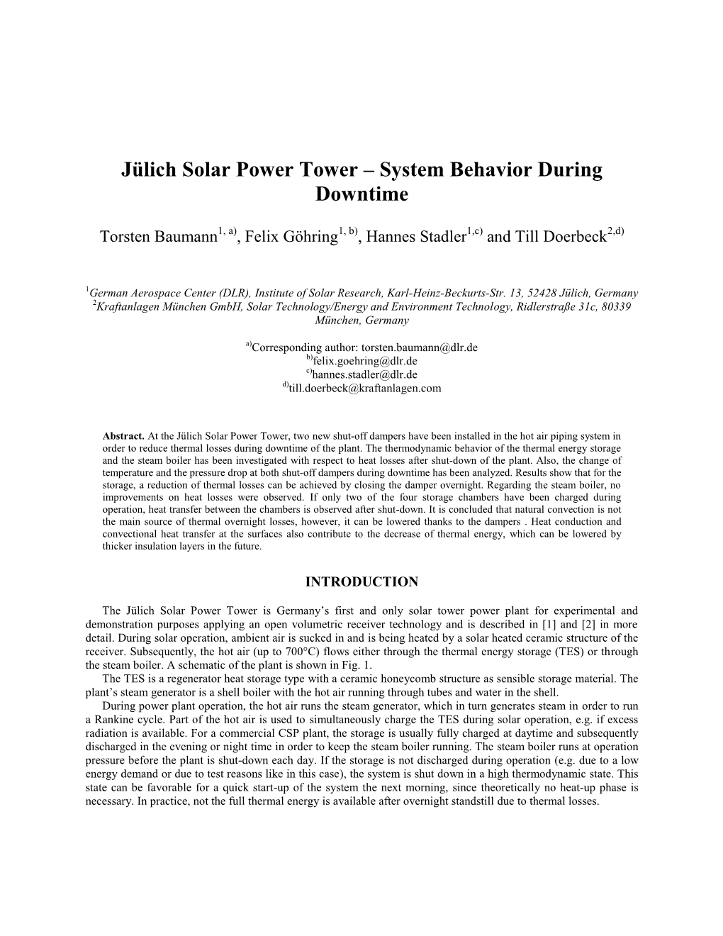 Jülich Solar Power Tower – System Behavior During Downtime