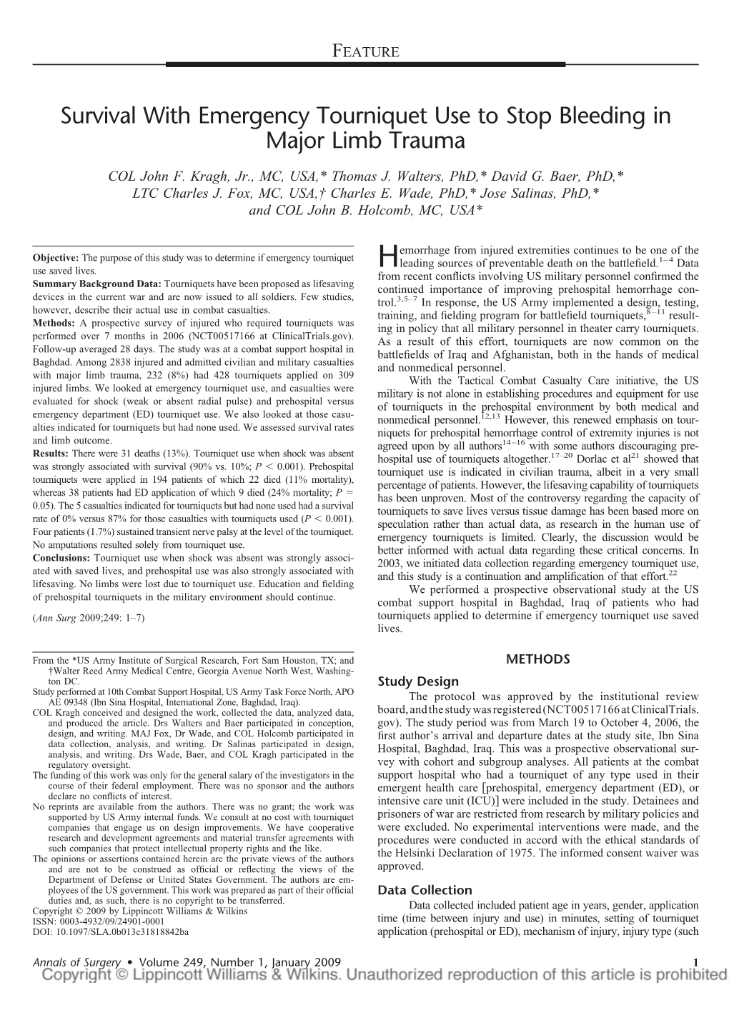 Survival with Emergency Tourniquet Use to Stop Bleeding in Major Limb Trauma