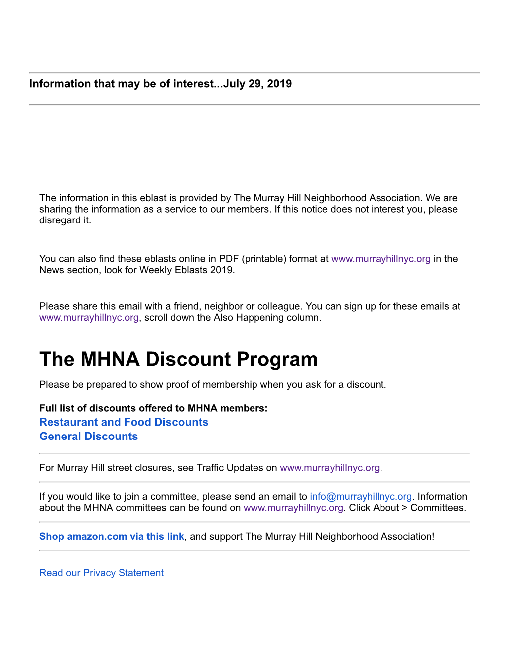 The MHNA Discount Program Please Be Prepared to Show Proof of Membership When You Ask for a Discount