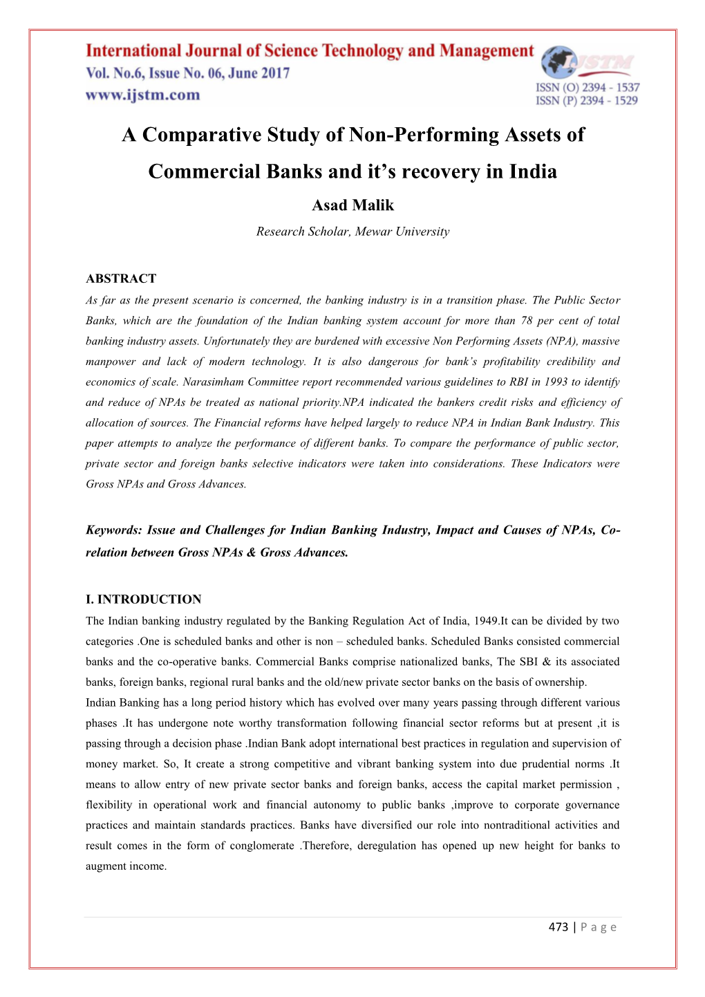 A Comparative Study of Non-Performing Assets of Commercial Banks and It's Recovery in India