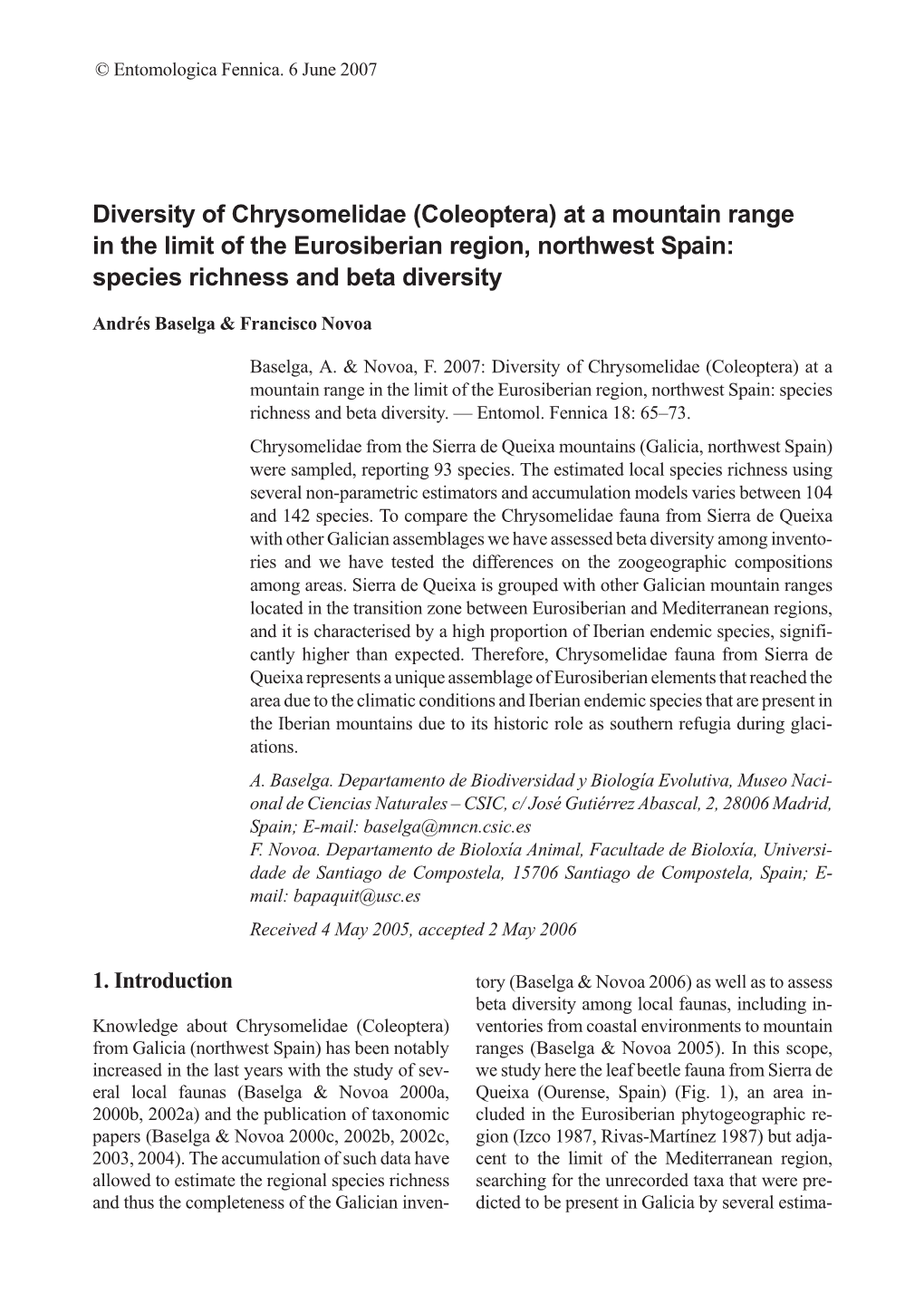 Diversity of Chrysomelidae (Coleoptera) at a Mountain Range in the Limit of the Eurosiberian Region, Northwest Spain: Species Richness and Beta Diversity