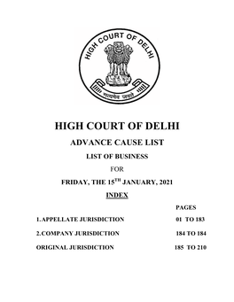 Advance Cause List List of Business for Friday, the 15Th January, 2021 Index Pages