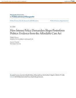 How Intense Policy Demanders Shape Postreform Politics: Evidence from the Affordable Care Act Philip B