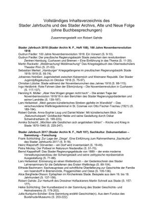 Vollständiges Inhaltsverzeichnis Des Stader Jahrbuchs Und Des Stader Archivs, Alte Und Neue Folge (Ohne Buchbesprechungen)