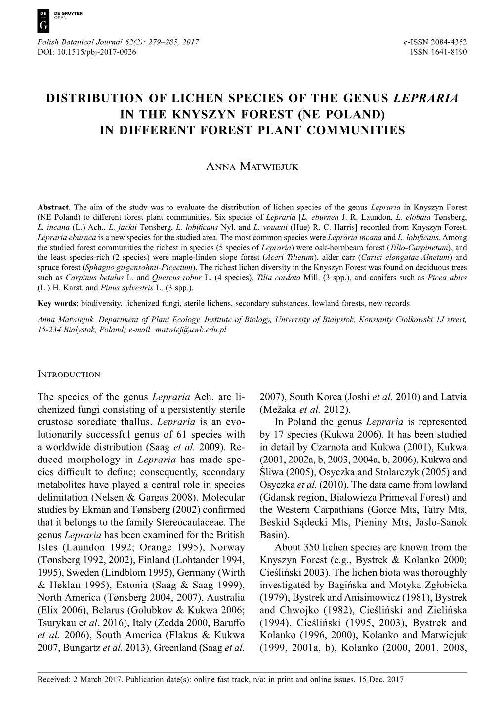 Distribution of Lichen Species of the Genus Lepraria in the Knyszyn Forest (Ne Poland) in Different Forest Plant Communities