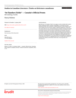 In Flanders Fields” — Canada’S Official Poem: Breaking Faith Nancy Holmes