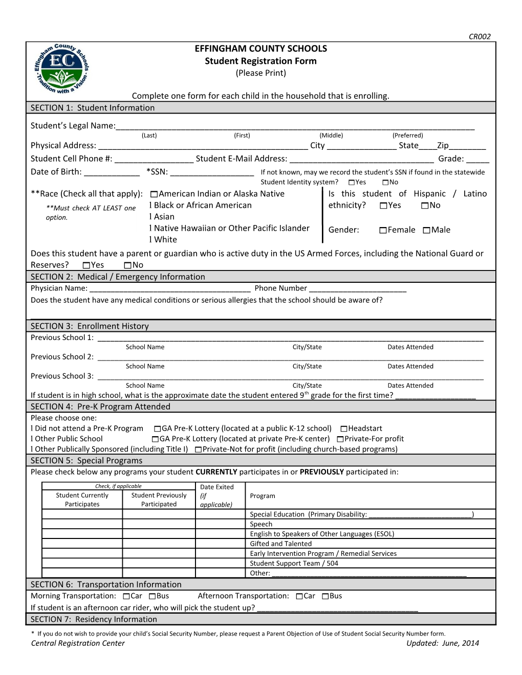 Central Registration Center Updated: June, 2014