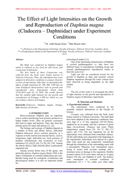 Daphnia Magna (Cladocera – Daphniidae) Under Experiment Conditions