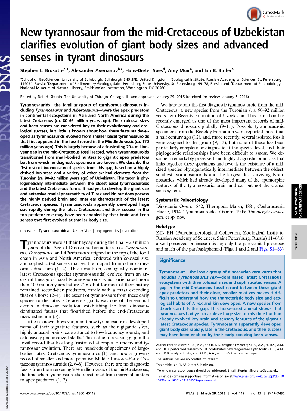 New Tyrannosaur from the Mid-Cretaceous of Uzbekistan Clarifies Evolution of Giant Body Sizes and Advanced Senses in Tyrant Dinosaurs