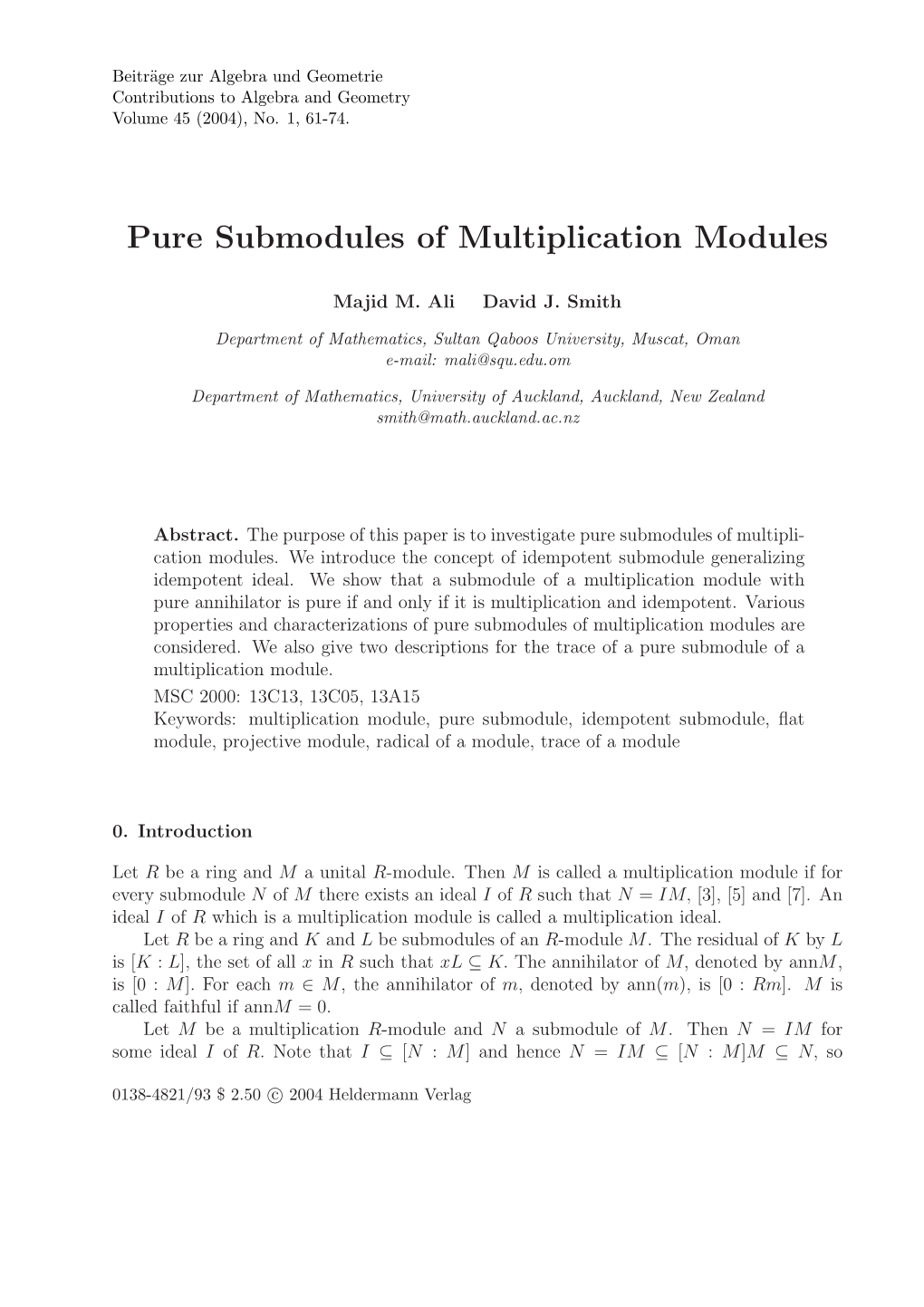 Pure Submodules of Multiplication Modules