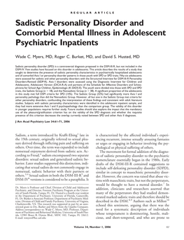 Sadistic Personality Disorder and Comorbid Mental Illness in Adolescent Psychiatric Inpatients