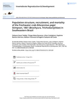 Population Structure, Recruitment, and Mortality of the Freshwater Crab Dilocarcinus Pagei Stimpson, 1861 (Brachyura, Trichodactylidae) in Southeastern Brazil