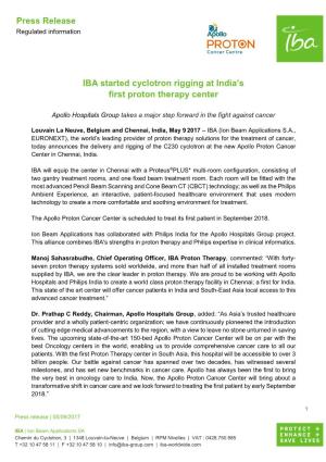 Press Release IBA Started Cyclotron Rigging at India's First Proton Therapy Center