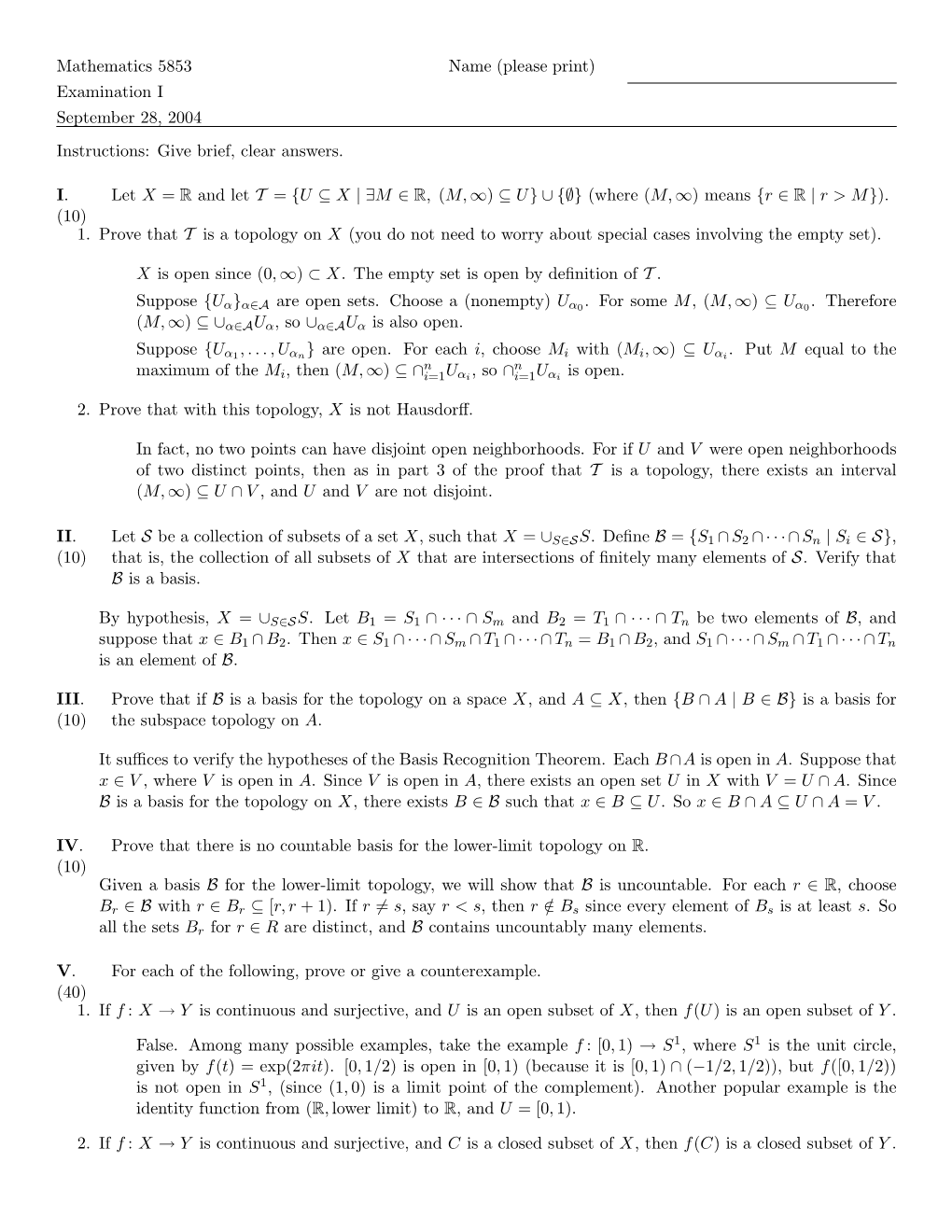 Mathematics 5853 Examination I September 28, 2004