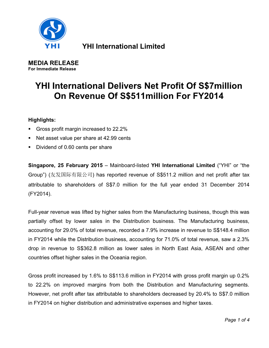 YHI International Delivers Net Profit of S$7Million on Revenue of S$511Million for FY2014