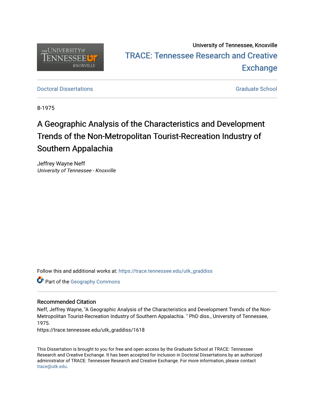 A Geographic Analysis of the Characteristics and Development Trends of the Non-Metropolitan Tourist-Recreation Industry of Southern Appalachia