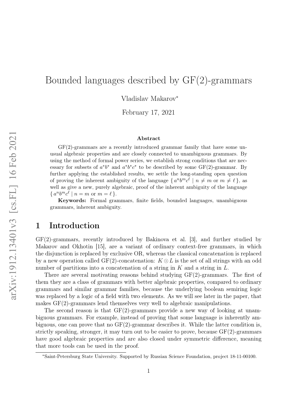 Bounded Languages Described by GF(2)-Grammars