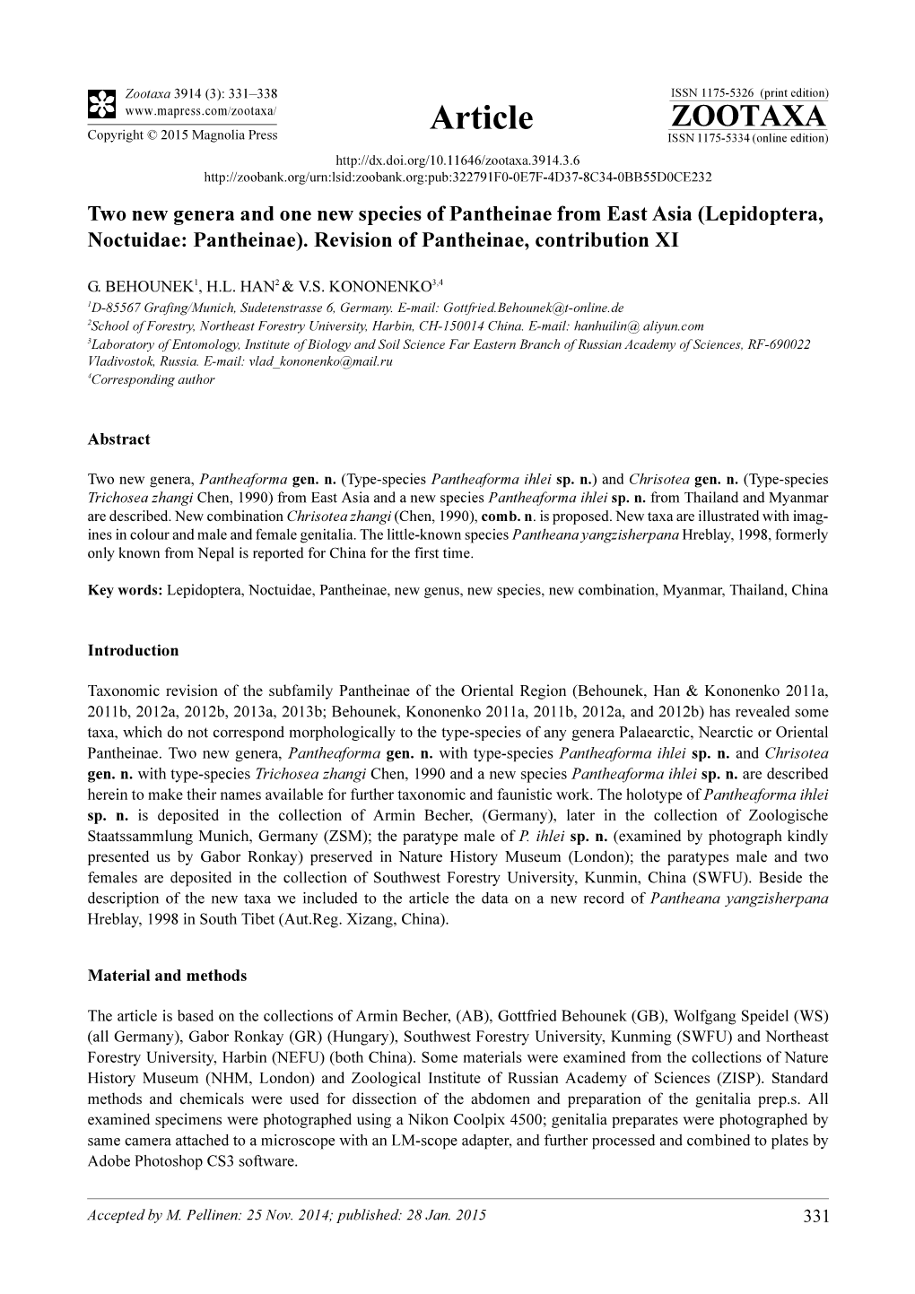 (Lepidoptera, Noctuidae: Pantheinae). Revision of Pantheinae, Contribution XI