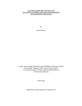 ELECTORAL SYSTEMS and THEIR EFFECT on the SURVIVAL of MINORITY and COALITION GOVERNMENTS in PARLIAMENTARY DEMOCRACIES by Stefan