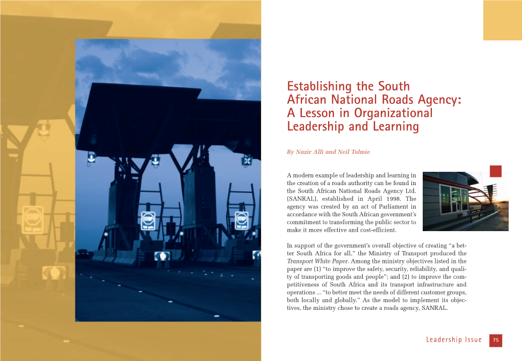Establishing the South African National Roads Agency: a Lesson in Organizational Leadership and Learning