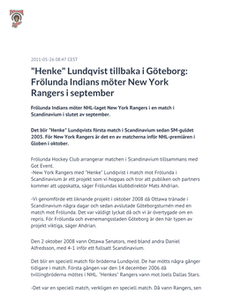 "Henke" Lundqvist Tillbaka I Göteborg: Frölunda Indians Möter New York Rangers I September
