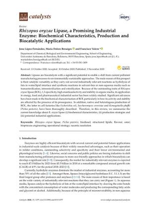 Rhizopus Oryzae Lipase, a Promising Industrial Enzyme: Biochemical Characteristics, Production and Biocatalytic Applications