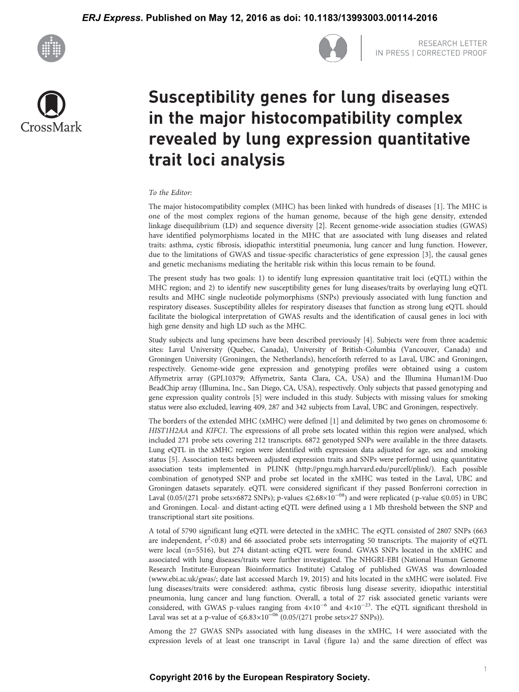 Susceptibility Genes for Lung Diseases in the Major Histocompatibility Complex Revealed by Lung Expression Quantitative Trait Loci Analysis