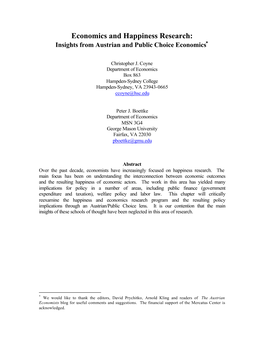 Economics and Happiness Research: Insights from Austrian and Public Choice Economics*