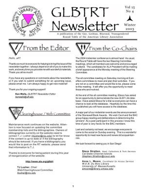 Winter 2003 Newsletternewslettera Publication of the Gay, Lesbian, Bisexual, Transgendered Newsletternewsletterround Table of the American Library Association