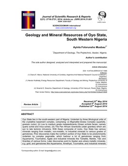 Geology and Mineral Resources of Oyo State, South Western Nigeria
