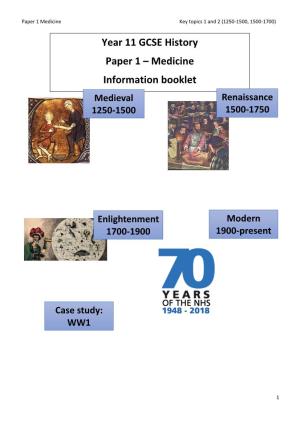 Year 11 GCSE History Paper 1 – Medicine Information Booklet
