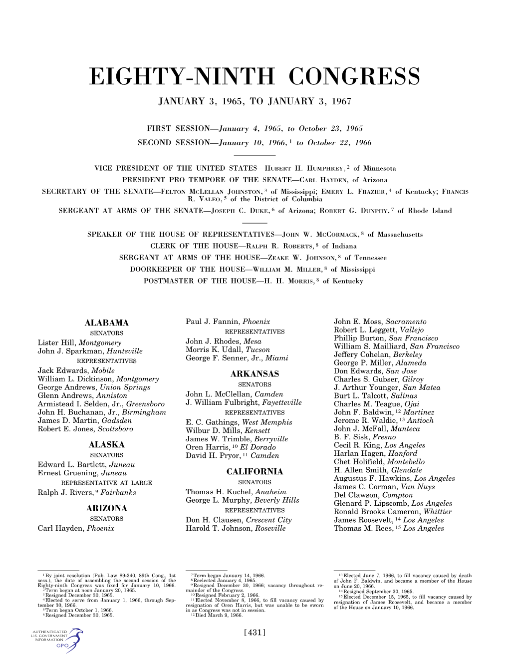 Eighty-Ninth Congress January 3, 1965, to January 3, 1967