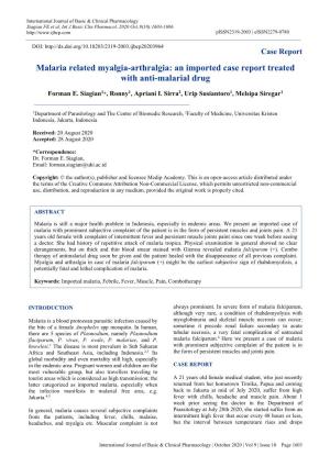 Malaria Related Myalgia-Arthralgia: an Imported Case Report Treated with Anti-Malarial Drug