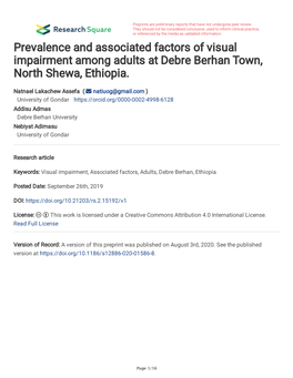 Prevalence and Associated Factors of Visual Impairment Among Adults at Debre Berhan Town, North Shewa, Ethiopia