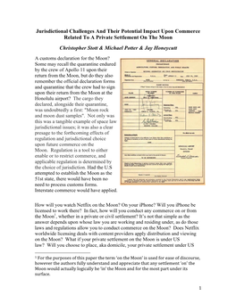 Jurisdictional Challenges and Their Potential Impact Upon Commerce Related to a Private Settlement on the Moon Christopher Stott