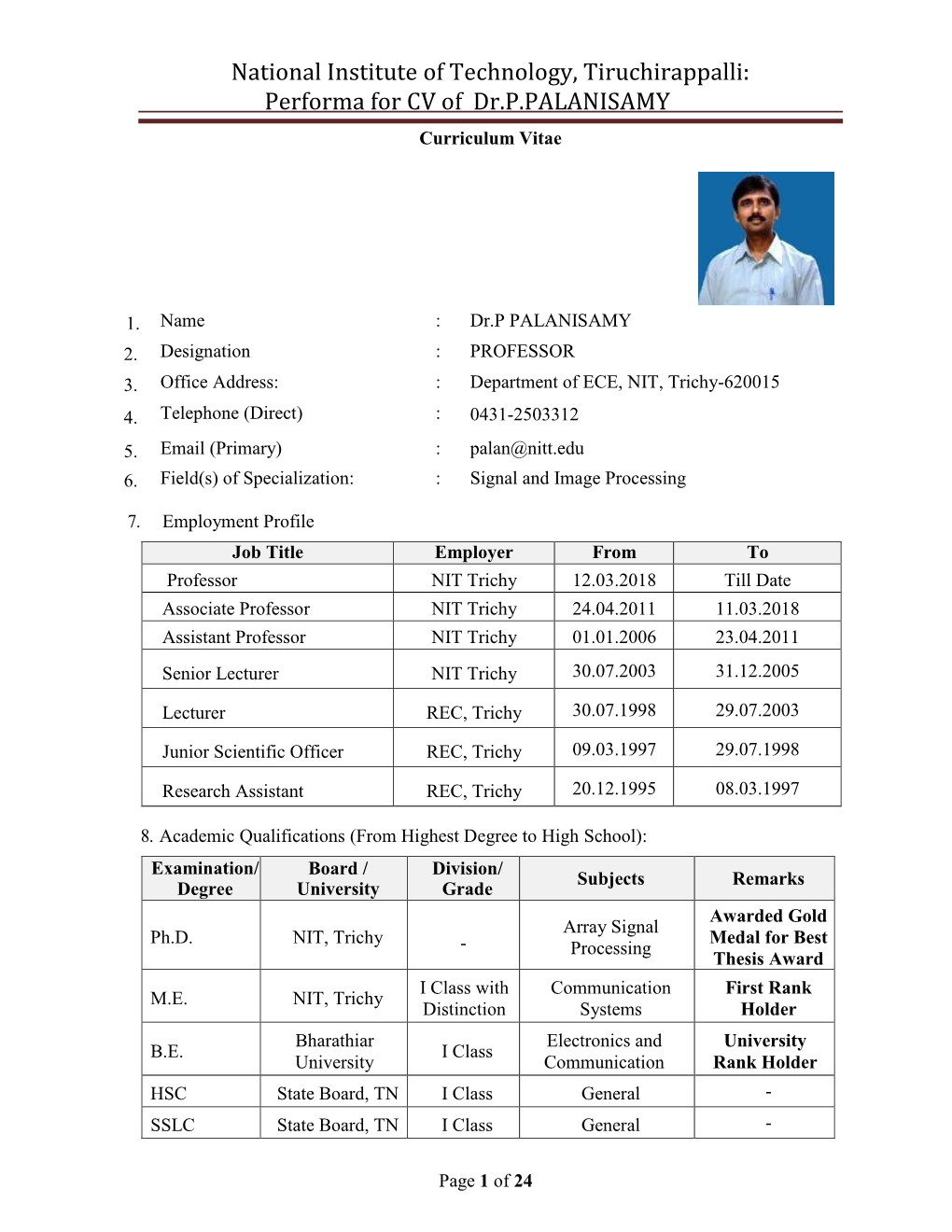 Dr.P.PALANISAMY Curriculum Vitae