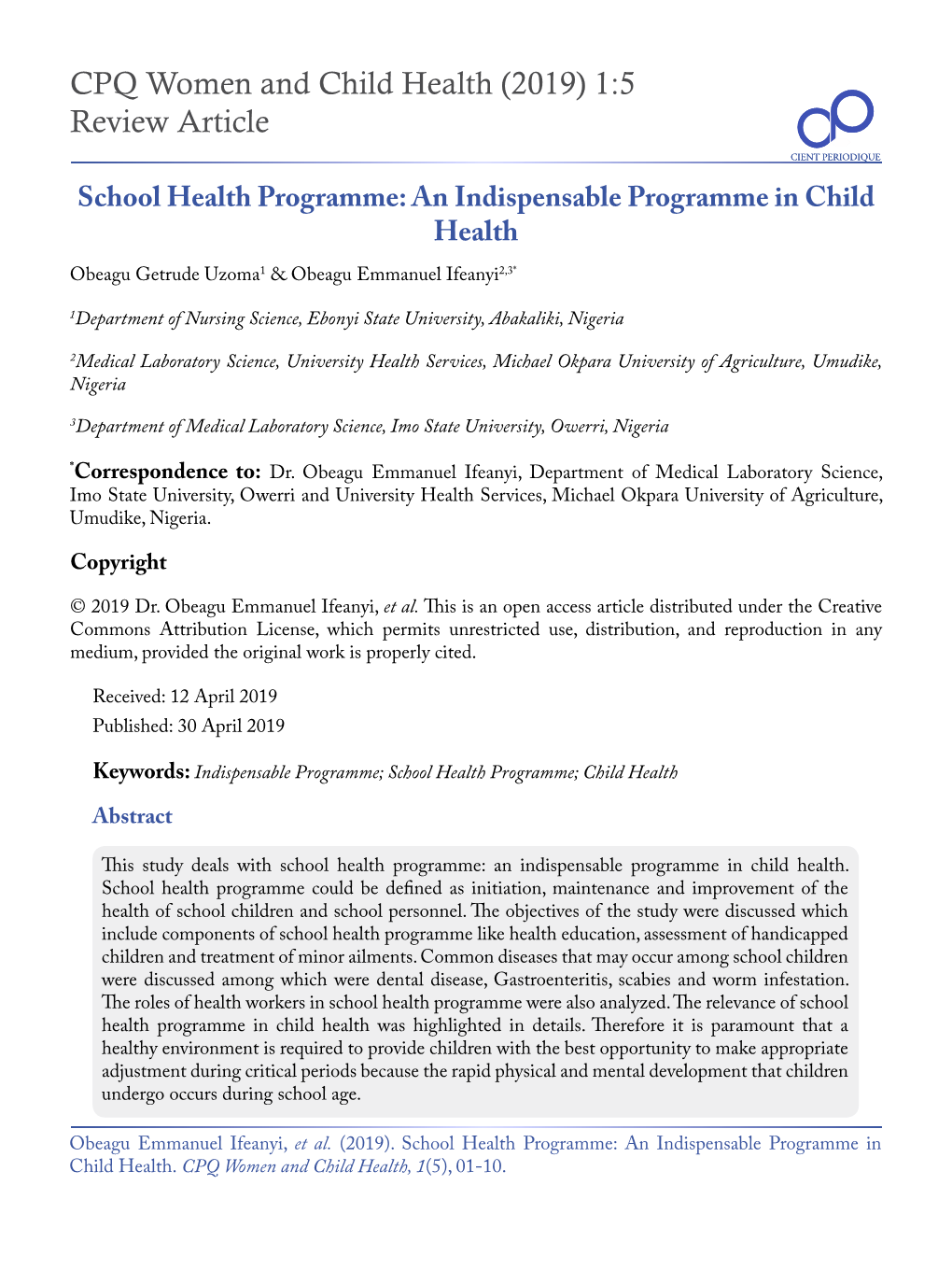 CPQ Women and Child Health (2019) 1:5 Review Article