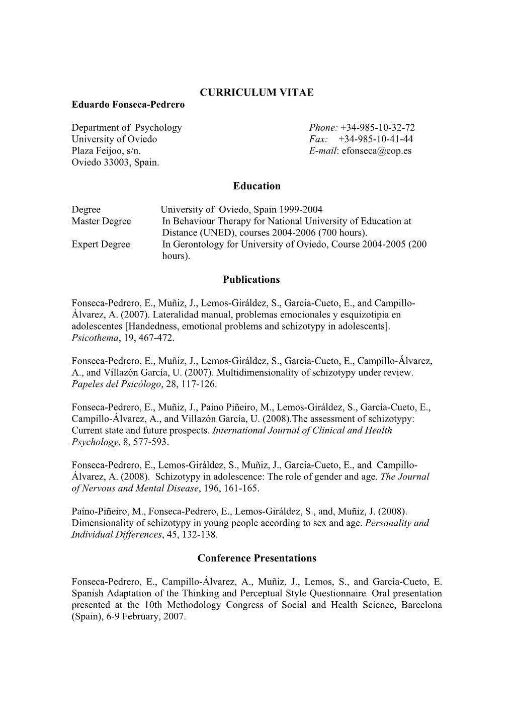 Download the Curriculum Vitae of Eduardo Fonseca-Pedrero