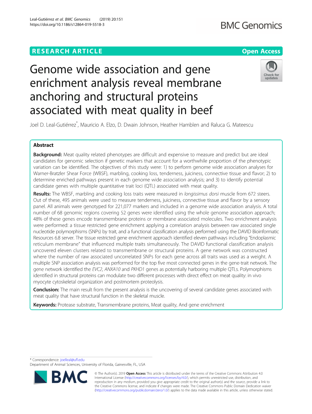 Genome Wide Association and Gene Enrichment Analysis Reveal Membrane Anchoring and Structural Proteins Associated with Meat Quality in Beef Joel D