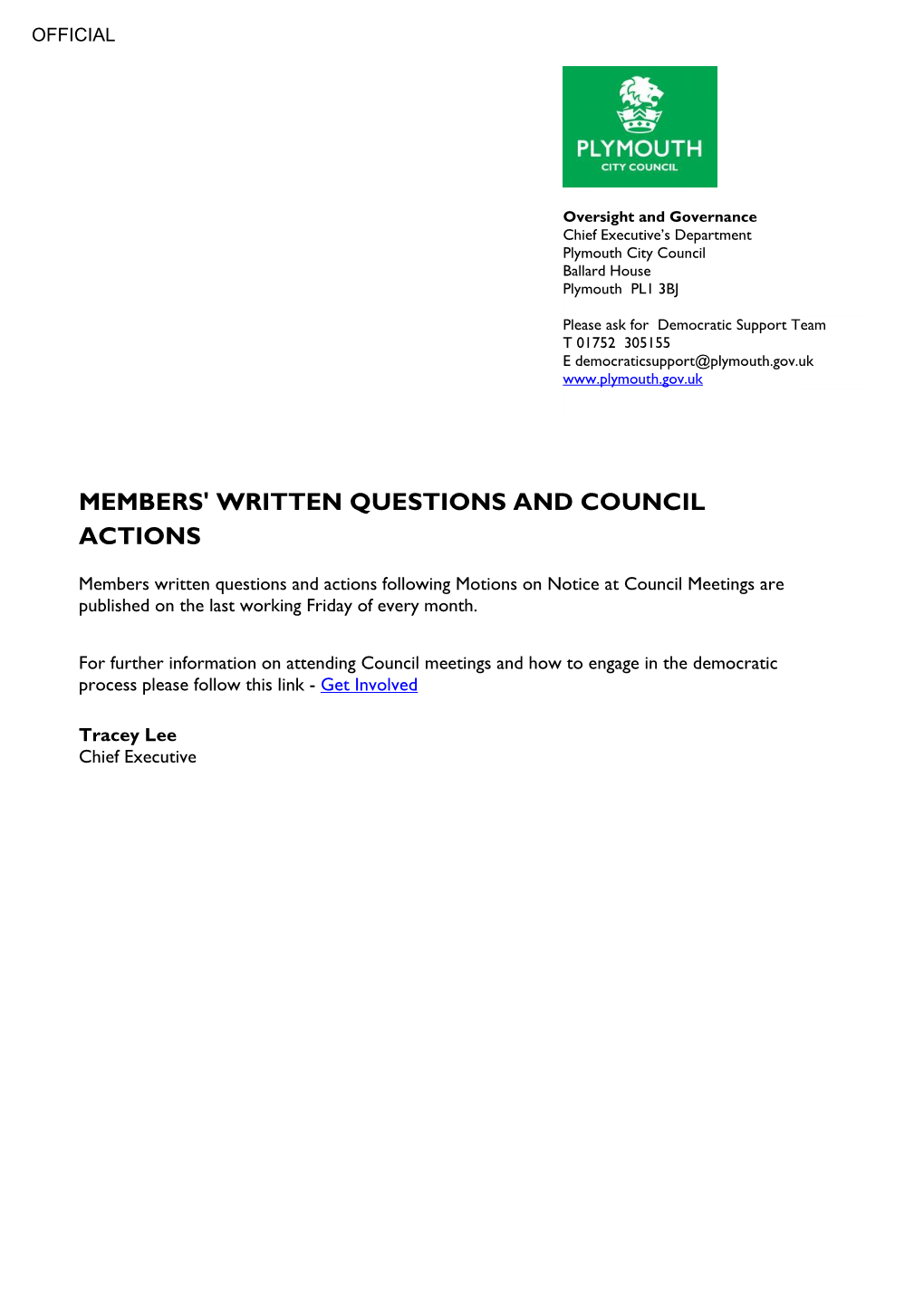 (Public Pack)Agenda Document for Members' Written Questions And