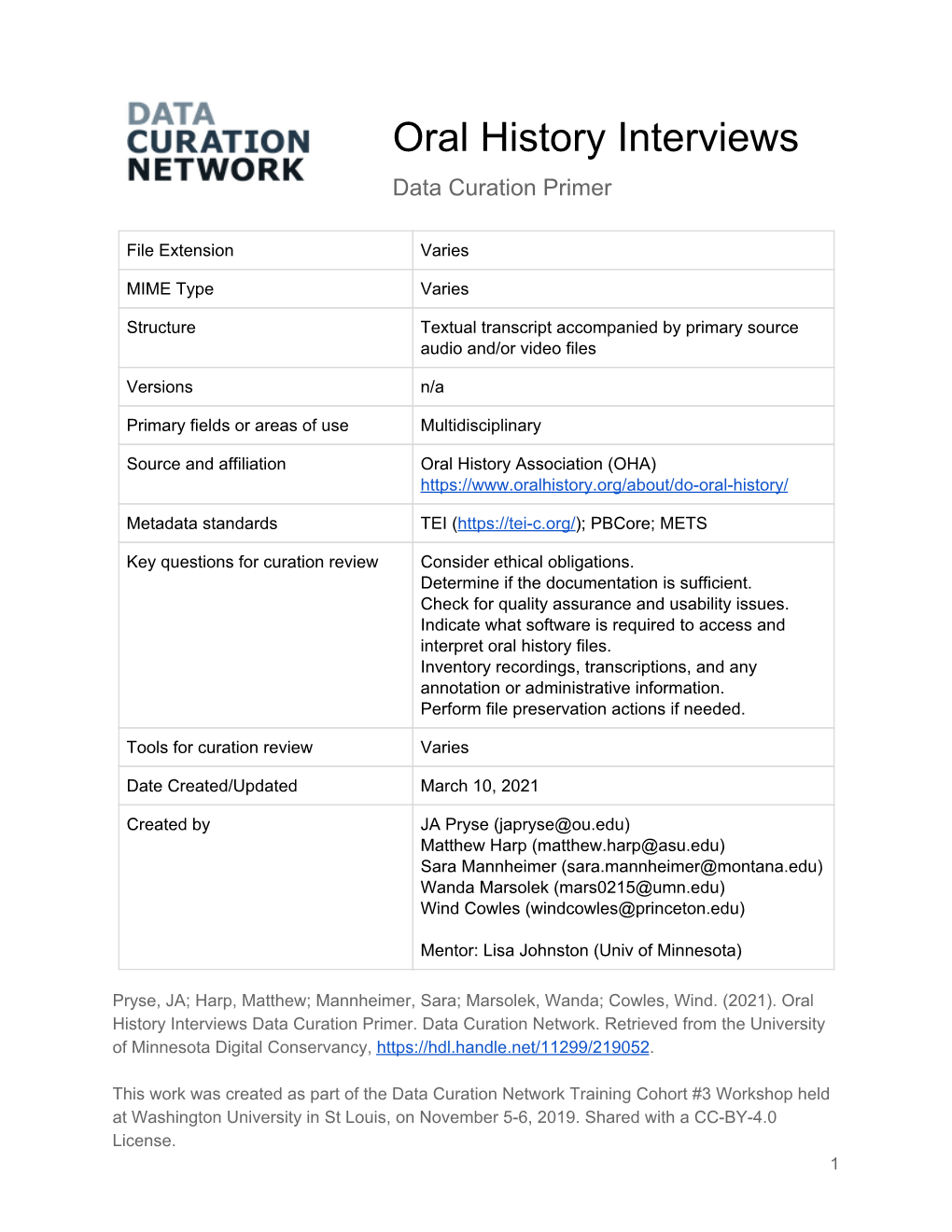 Oral History Interviews Data Curation Primer