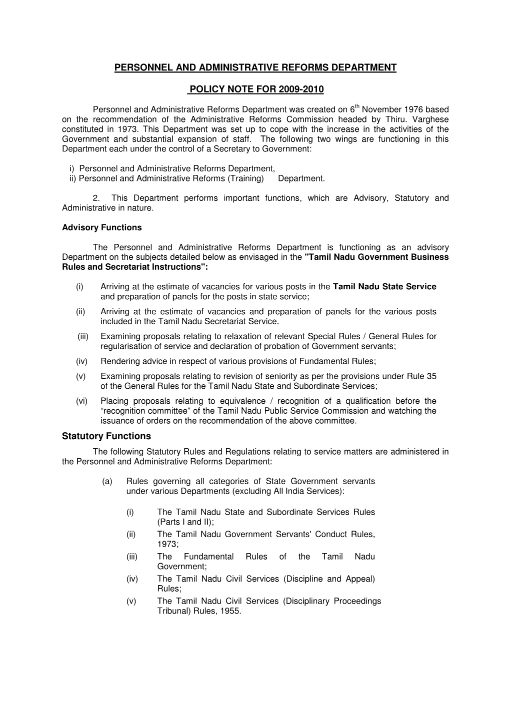 PERSONNEL and ADMINISTRATIVE REFORMS DEPARTMENT POLICY NOTE for 2009-2010 Statutory Functions