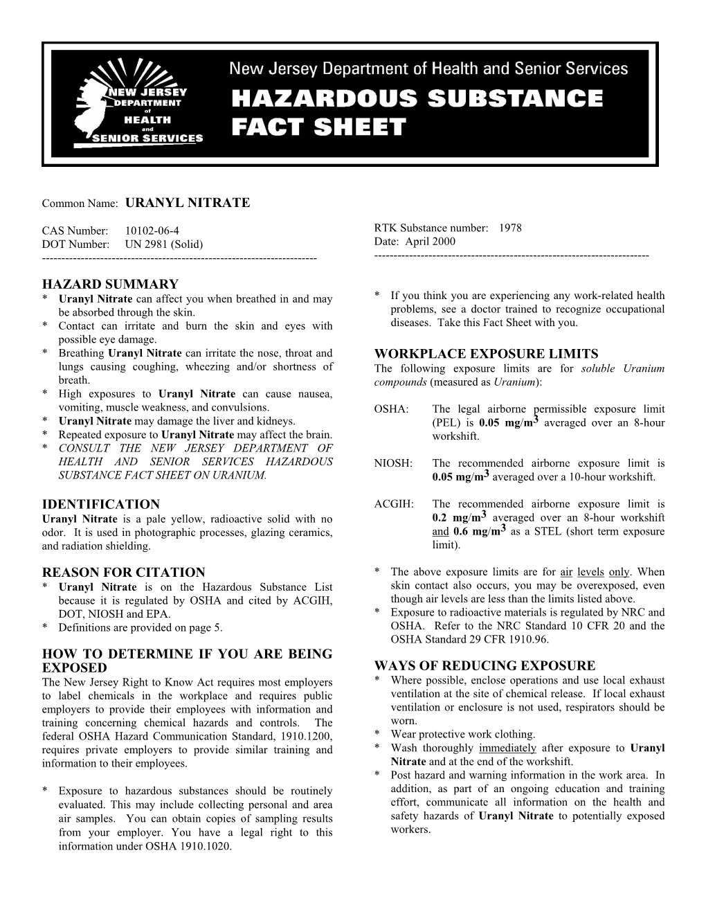 Uranyl Nitrate Hazard Summary Identification