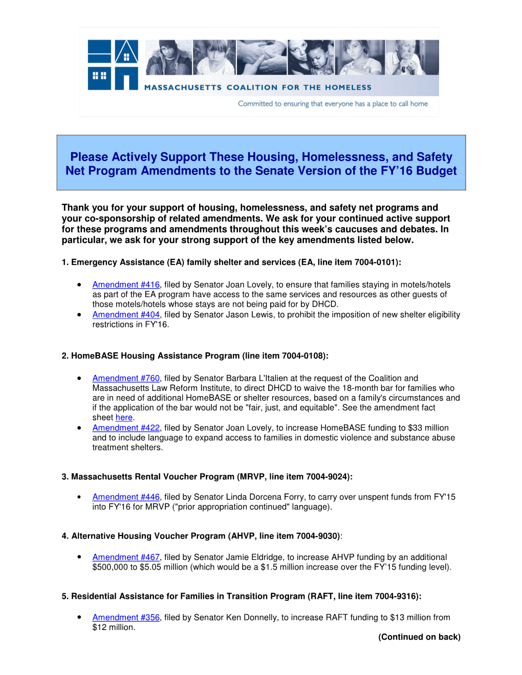 Please Actively Support These Housing, Homelessness, and Safety Net Program Amendments to the Senate Version of the FY’16 Budget