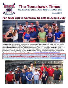 The Newsletter of the Atlanta 400 Baseball Fan Club August 2018