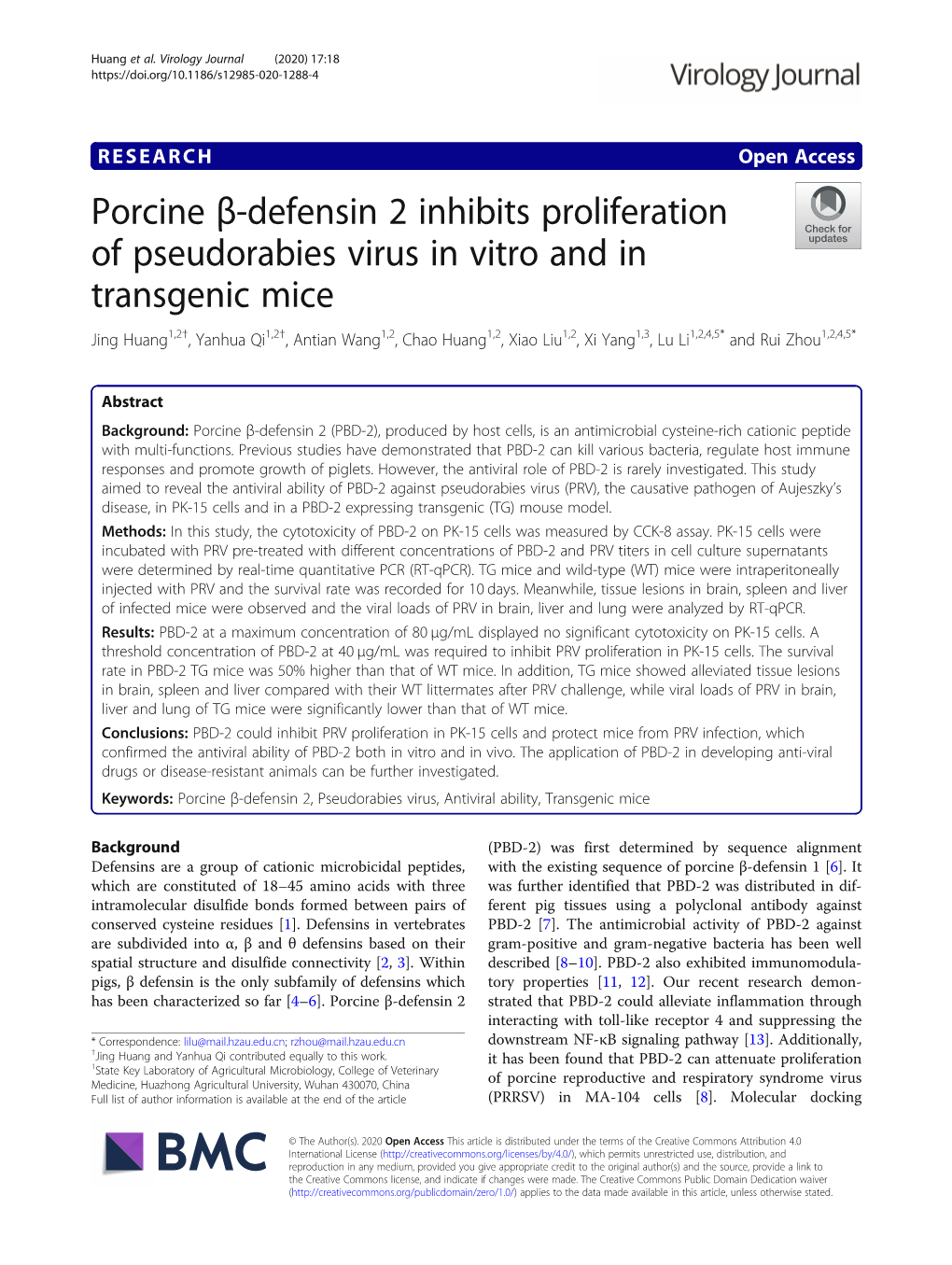 Porcine Β-Defensin 2 Inhibits Proliferation of Pseudorabies Virus