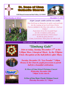 “Simbang Gabi” Join Us Today, Sunday December 17Th at the 5:00Pm Mass