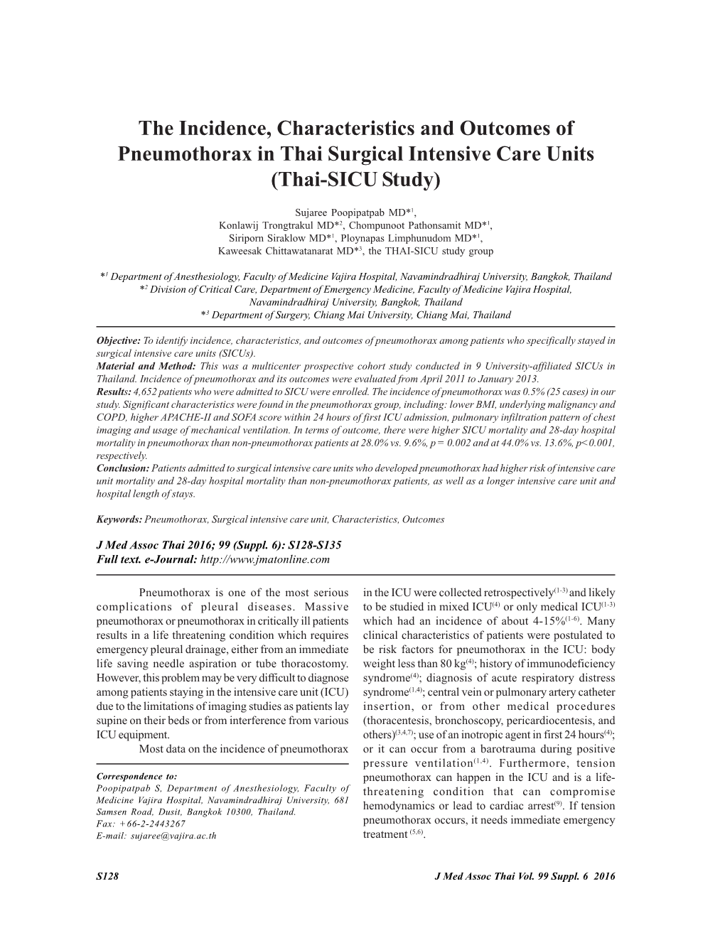 The Incidence, Characteristics and Outcomes of Pneumothorax in Thai Surgical Intensive Care Units (Thai-SICU Study)