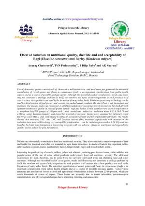 Effect of Radiation on Nutritional Quality, Shelf Life and and Acceptability of Ragi (Eleusine Coracana ) and Barley (Hordeum Vulgare )